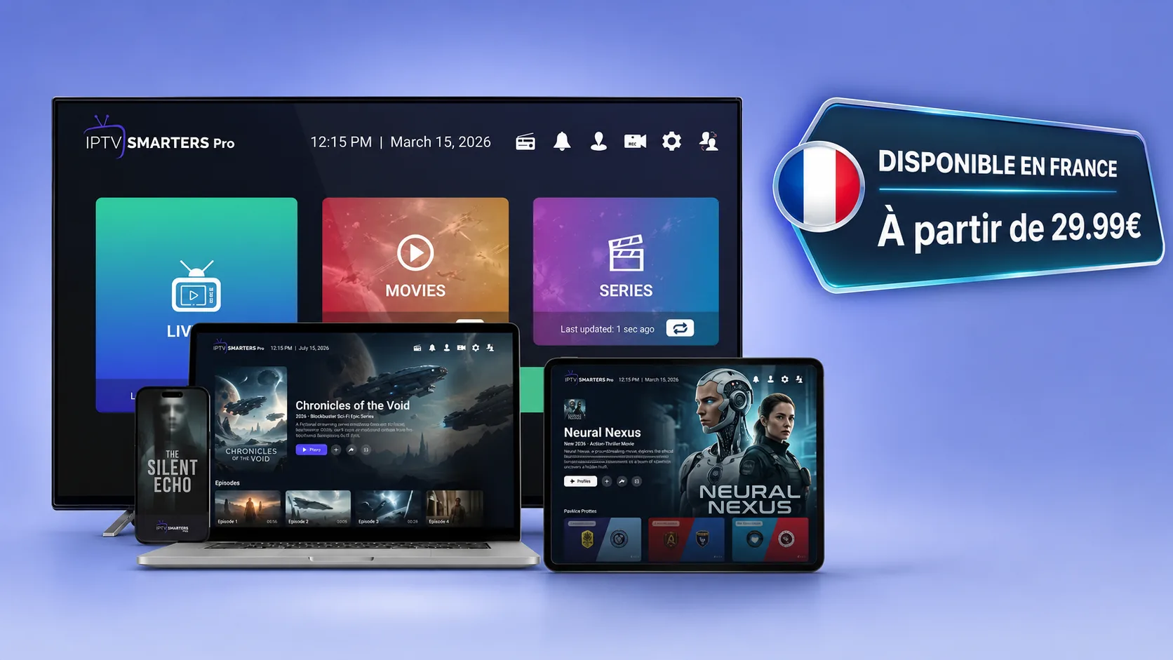 Salon moderne avec télévision affichant un film pour présenter un abonnement IPTV compatible IPTV Smarters Pro